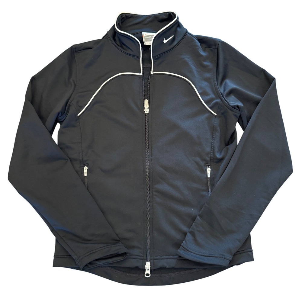 Nike Fit Dry Track Jacket Womens Small Black Full Zip White Piping RN 56323